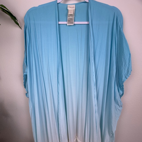 CHICO'S Dip Dye Ruana Aqua Ombre Lightweight Cover Lace Fringe / L-XL - Picture 10 of 14